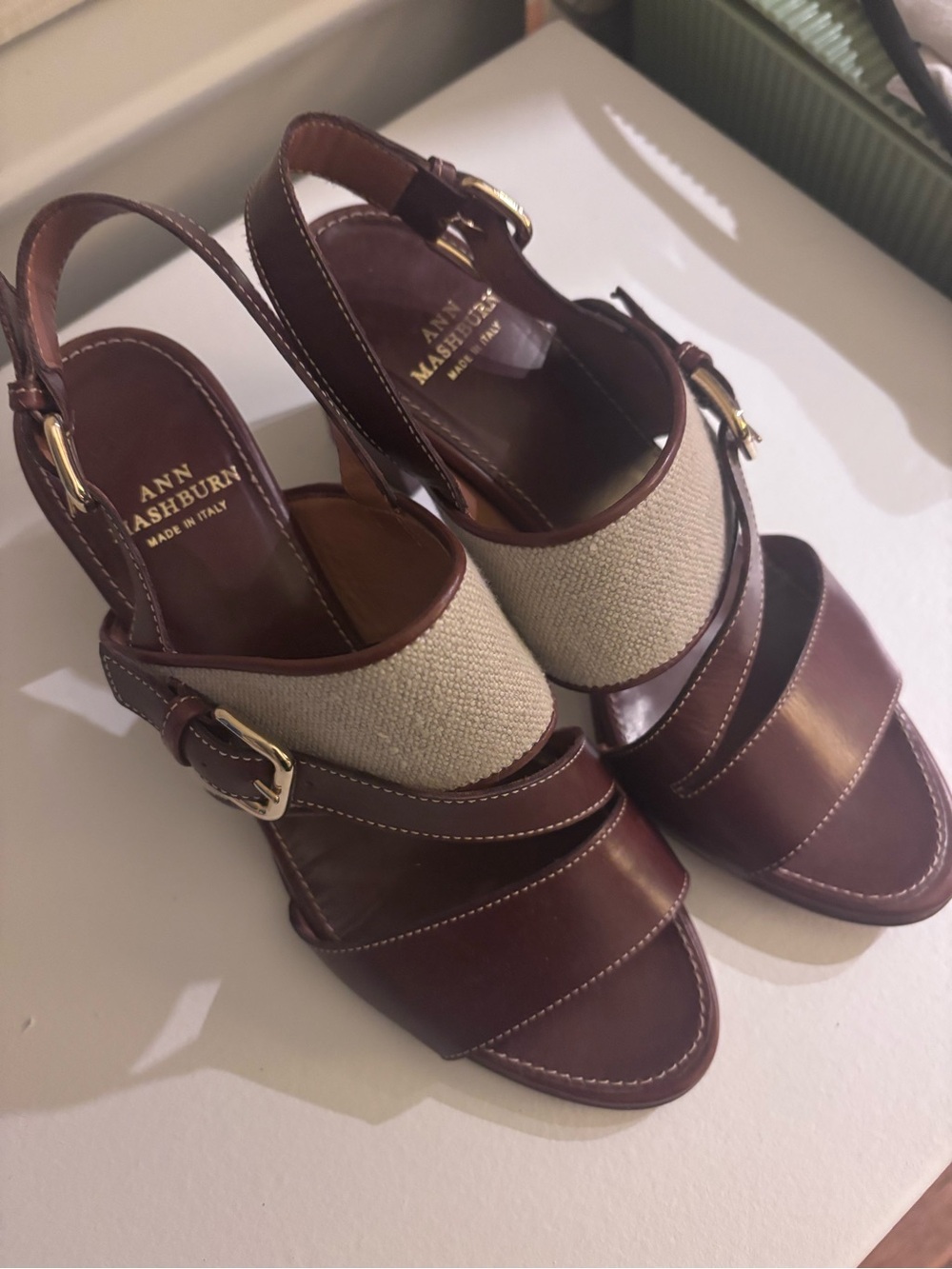 Ann Mashburn Brown Leather & Linen Block Heel Slingback Sandals Sz 37/6.5